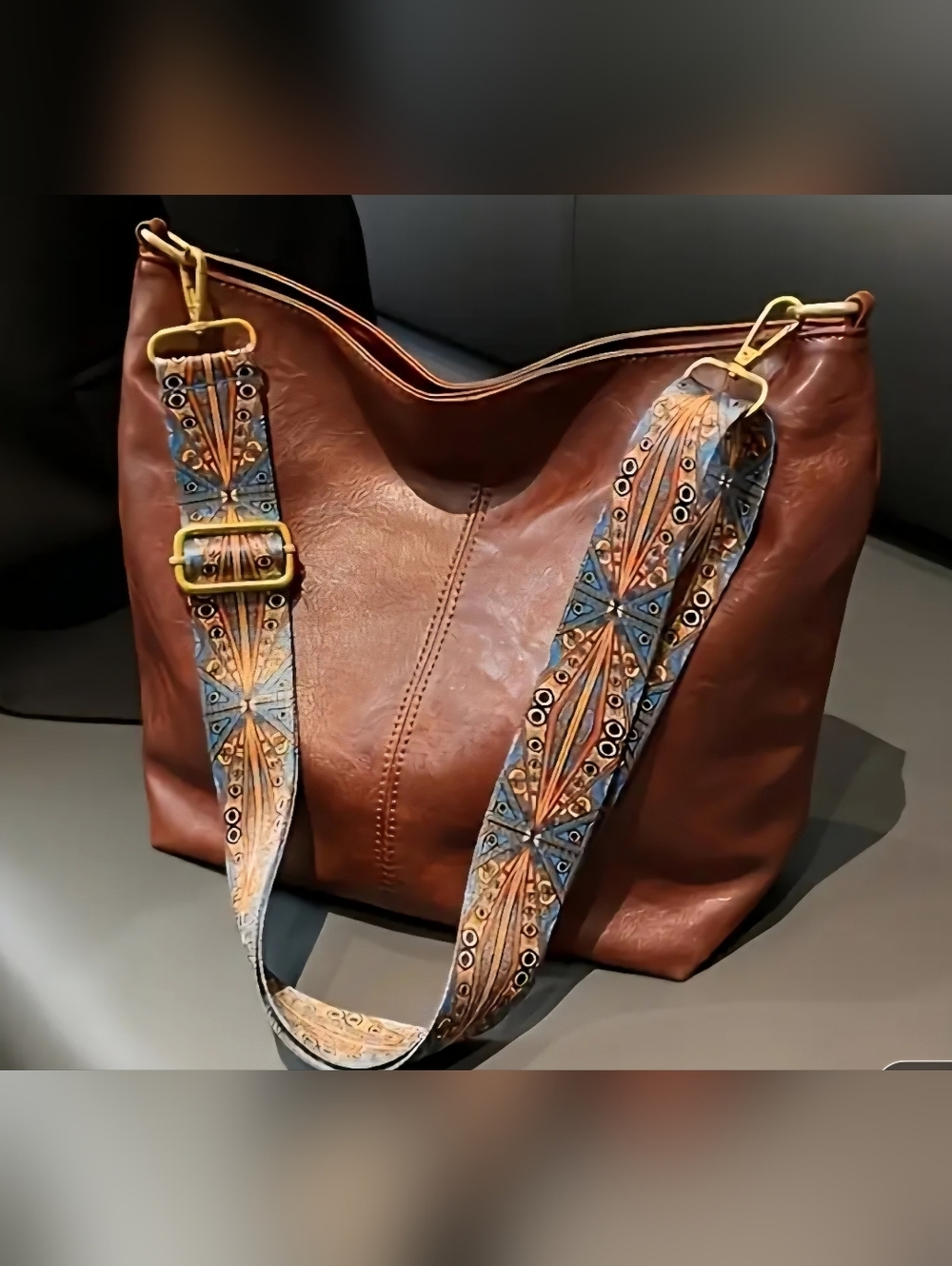 Brown Faux Leather Crossbody Bag with Patterned Strap